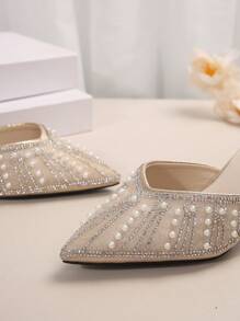 Spring Autumn New Korean Style Simple Rhinestone & Faux Pearl Pointed Toe High Heel Shoes, Rhinestone Women's Stiletto Mules Suitable For Business, Commuting, Party,Elegant,Women Pumps,Elegant - Champagne - View 7