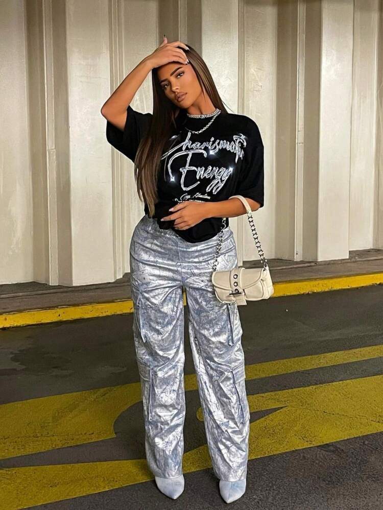 Fashion Street Boho Fashion Women's Silver Light Blue Hot Silver Sexy High-End Vacation Elegant High Waist Multi-Bag Three-Dimensional Bag Elastic Woven Drawstring Cargo Loose Straight Trousers