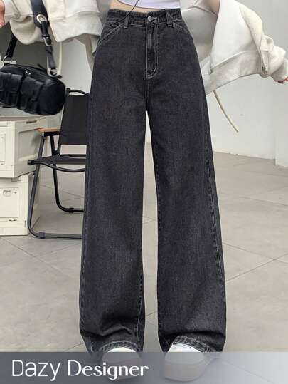 Dazy Designer Women's Solid Color Zipper Fly Wide Leg Denim Pants Women Jeans