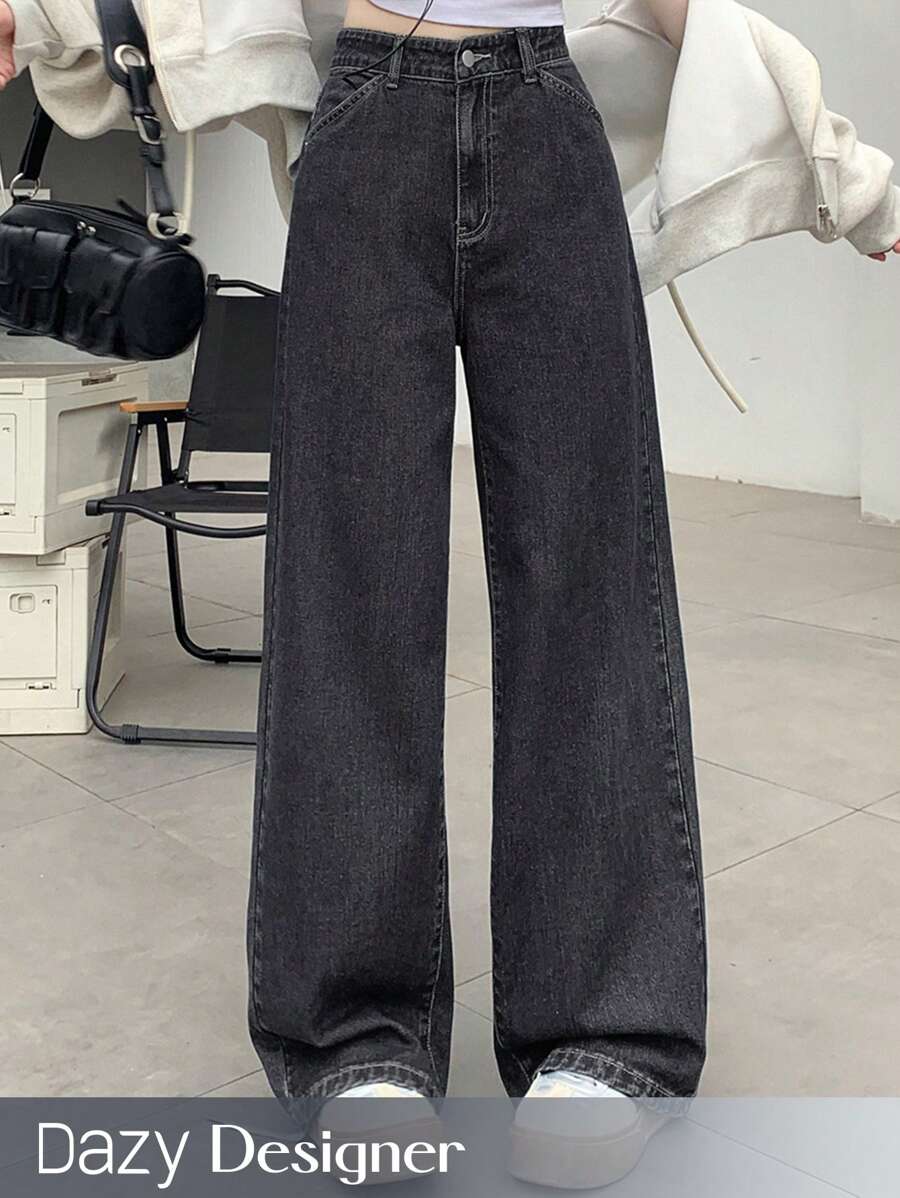 Dazy Designer Women's Solid Color Zipper Fly Wide Leg Denim Pants