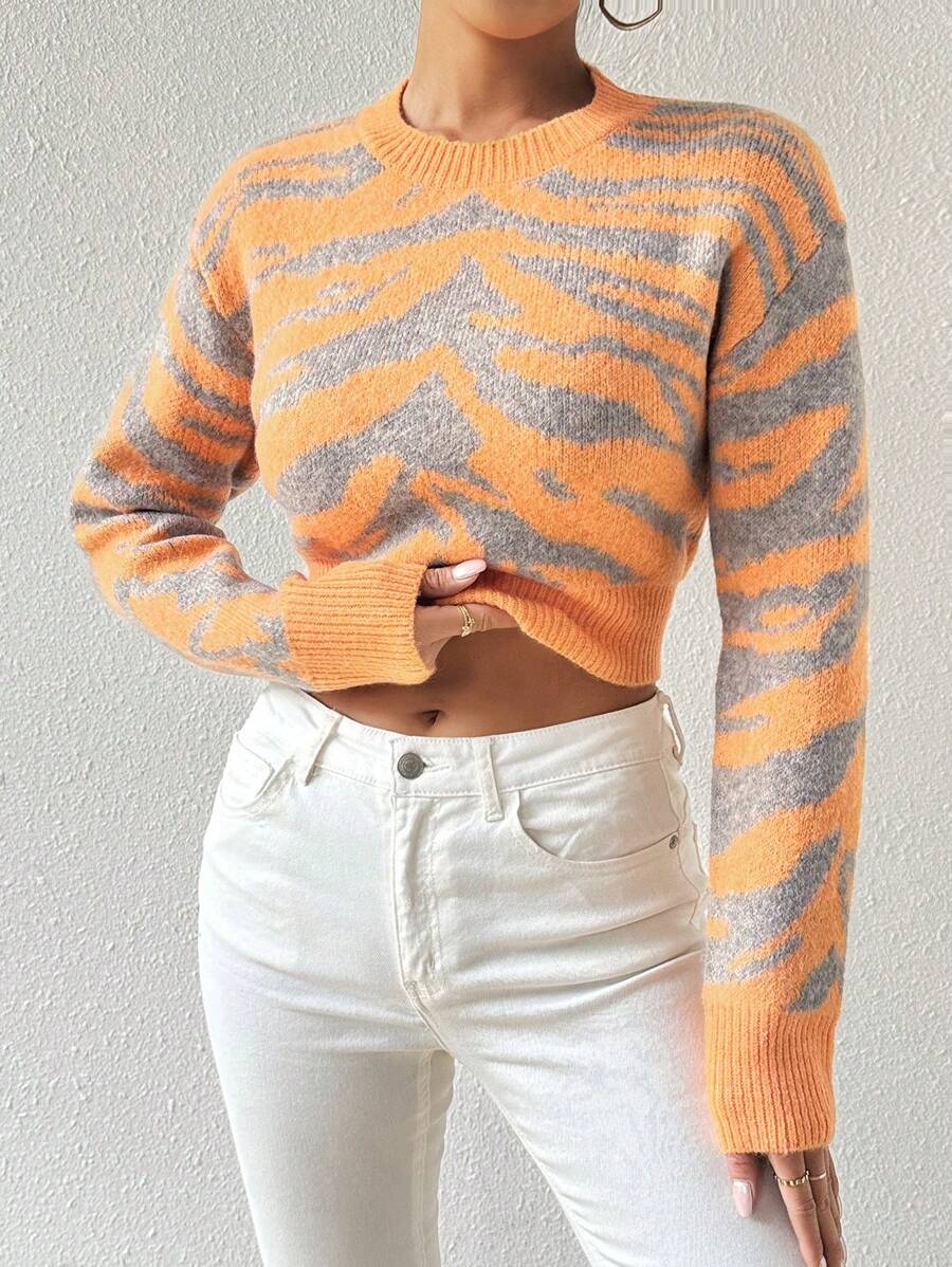 SHEIN LUNE Tiger Pattern Cropped Sweater, Knit Pullover Fall Winter - Multicolor - View 1