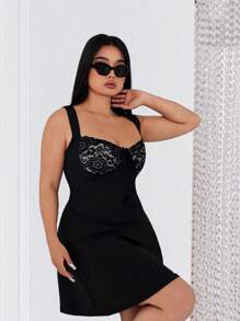 Celure Plus Size Lace Patchwork Dress - Black - View 4