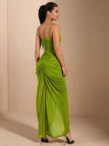 SHEIN BAE 女性性感優雅的褶邊長款背心連衣裙,緊身罩杯和前褶皺細節 - 綠色 - 查看 2