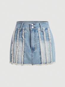 SHEIN MOD Women's Patchwork Frayed Denim Shorts - Light Wash - View 1