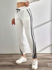 Contrast Side Seam Drawstring Waist Contrast Side Seam Sweatpants - White - View 5