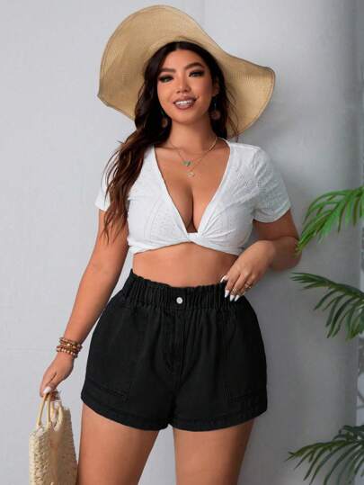 SHEIN LUNE 加大碼彈性腰斜口袋捲邊牛仔短褲