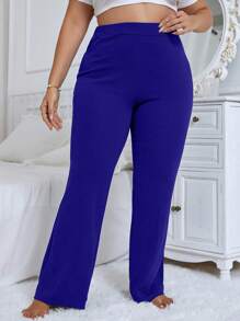 Calvaya Plus Size Solid Color Elastic Waist Flared Leg Pants Fall Cloth For Women - Blue - View 4