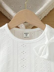 SHEIN Young Girl's Solid Color T-Shirt With Bow Decoration And Ruffle Hem For Summer - White - View 5