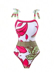 Swim Oasis Summer Beach & Pool Plant Printed One-Piece Swimsuit With Cover-Up Long Pants Set - Multicolor - View 5