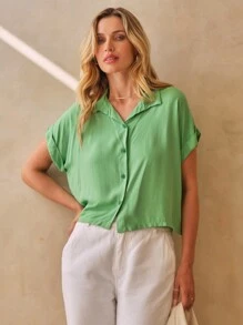 SHE(IN) BRASIL SHEIN Camisa social manga curta casual feminino - Verde - Visão 1