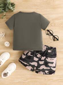 Fashionable Baby Boy Camouflage Printed Green Short Sleeve Set For Spring/Summer - Army Green - View 2