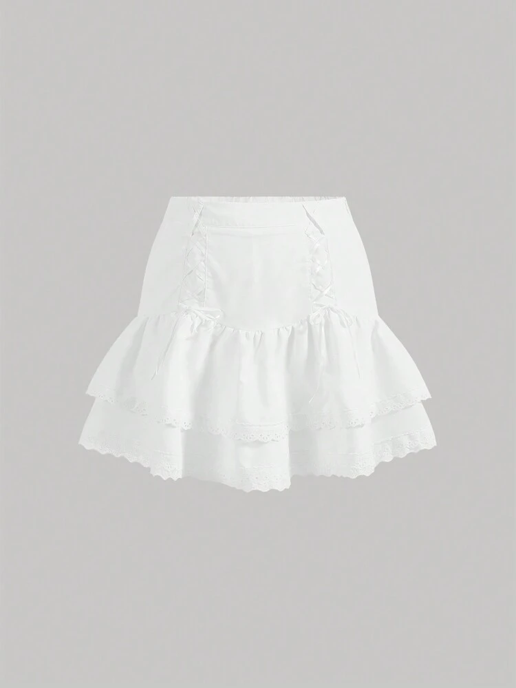 Plus Size Women's White Double Layer Ruffle Hem Tie Waist Skirt