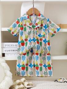 Baby Boy's Casual Cactus Print Short Sleeve Shirt With Button Front And Shorts Pajama Set - Multicolor - View 1