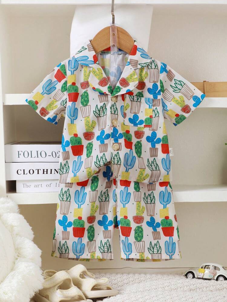 Baby Boy's Casual Cactus Print Short Sleeve Shirt With Button Front And Shorts Pajama Set
