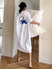 DAZY Loose Penguin Print Nightgown With Cute Design On The Back, Moo Moo Pajama - White - View 1