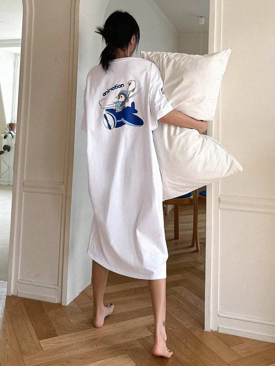 DAZY Loose Penguin Print Nightgown With Cute Design On The Back, Moo Moo Pajama - White - View 1