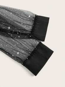 SHEIN LUNE Butterfly And Rhinestone Design Mesh Sleeve With Scallop V Neck Dress Fall Cloth For Women - Black - View 3