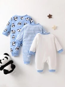 SHEIN 3pcs Baby Boy Cute Cartoon Panda Striped Print Jumpsuit Pajamas - Multicolor - View 3