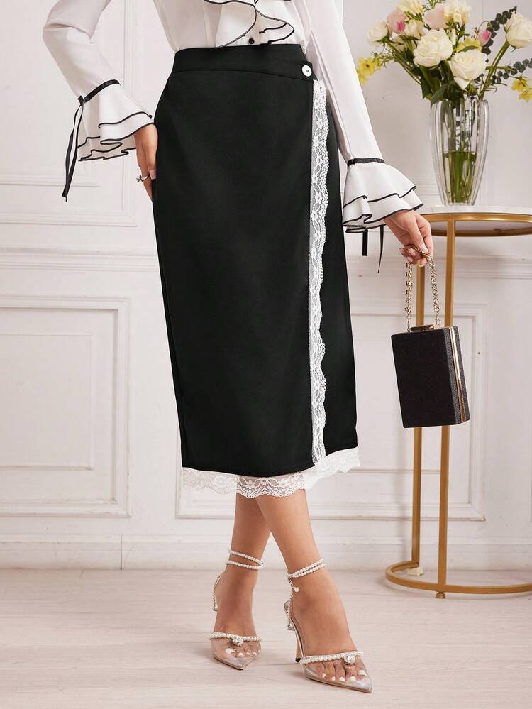 Women's Elegant Lace Splicing Mid-Length A-Line Skirt