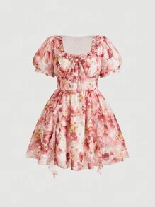 SHEIN MOD Plus size zomerse romantiek tie-dye bloemenprint jurk met pofmouwen, strikknoop en ruches