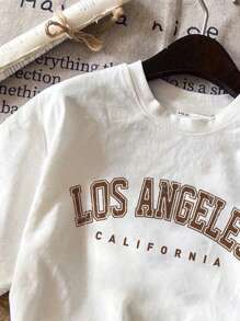 SHEIN Leap Crew Camiseta de manga corta informal con estampado de letra minimalista para niña preadolescente, adecuada para el verano, mezcla de algodón - Blanco - Ver 3