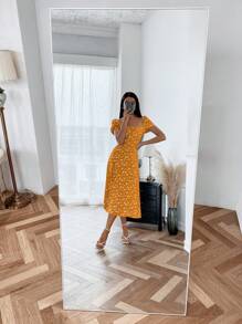 GENKIRA Váy ngắn tay xẻ cao in hoa bong bóng cho nữ - trái cam - Xem 3