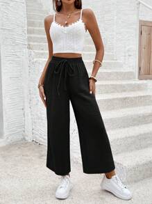 SHEIN Frenchy Lace Schiffy Splice Cami Top And Drawstring Waist Wide Leg Pants Set Summer Black - Black - View 5