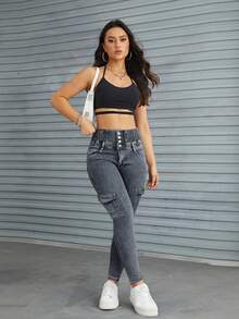 Pantalon Vintage Skinny Stretch pour femmes avec taille haute et multi-poches pour vêtements de travail - Gris - Voir 5