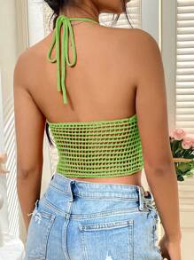 SHEIN Unity 夏季休閒露背鉤花釦編織背心上衣 - 綠色 - 查看 2