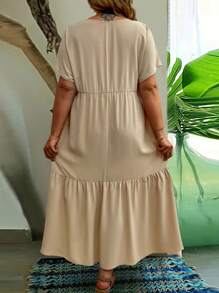 SHEIN Clasi Plus Size Women's Summer V-Neck Short Sleeve Ruffled Hem Long Dress - Apricot - View 2