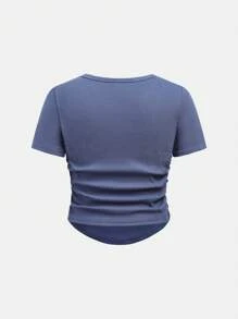SHEIN Girlism 童裝女孩簡約實色短袖t恤,側邊開叉及前面褶皺設計 - 霧霾藍 - 查看 2