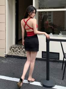 DAZY Women's Summer Round Neck Slim Fit Hollow Out Back Cross Strap Tank Top - Red - View 3