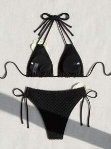 SHEIN Swim 夏季沙灘女性海邊花卉3D裝飾中空露背連頸裝束比基尼套裝 - 黑色 - 查看 5