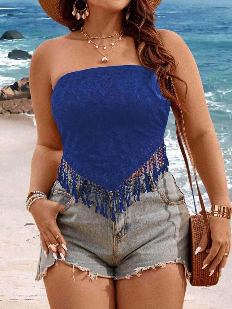 Plus Size Summer Casual Strapless Top With Fringe Hem