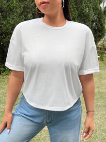 SHEIN EZwear Plus Size Summer Casual Short Cropped White T-Shirt - White - View 4