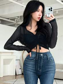 Dazy Designer 春夏短袖女式透视网眼短款上衣，V 领和系带外出上衣，节日透明，返校服装长袖女式上衣 - 黑色 - 查看 8