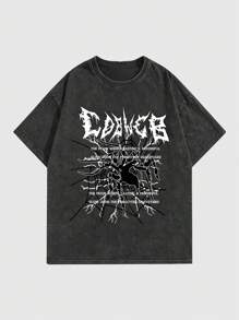 ROMWE MEN Goth Men's Slogan Printed Drop Shoulder Short Sleeve T-shirt - Black - View 1