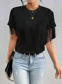 Chiquease Women's Summer Fashion Solid Color T-Shirt With Tassel Design