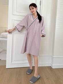 DAZY Phong cách Nhật  Kimono ÁO choàng mặc nhà Với Trang trí Dệt Ruy băng - Bụi tím - Xem 3