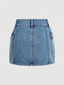 SHEIN MOD 夏季女士翻邊口袋休閒牛仔裙 - 淺色水洗藍 - 查看 2