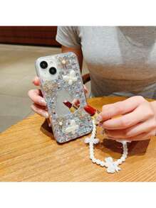 情人节 Y2k 手机饰品加厚防摔新款时尚手工滴胶爱心镜面水钻仿珍珠蝴蝶金属花手机壳女款带仿珍珠和蝴蝶结挂绳防水防震防刮