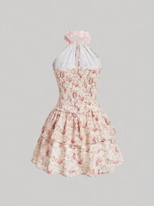 SHEIN MOD 粉色浪漫 3D 花卉图案蛋糕风格女孩和女士连衣裙 - 粉色 - 查看 2