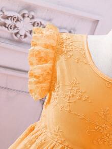 SHEIN 少女夏季可愛飄帶短袖連衣裙，蝴蝶結裝飾 - 橘色 - 查看 5