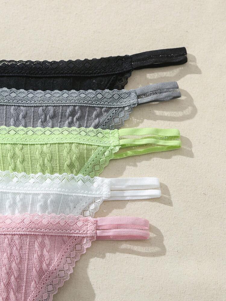 5pcs Women's Solid Color Lace Patchwork T-Back Panties