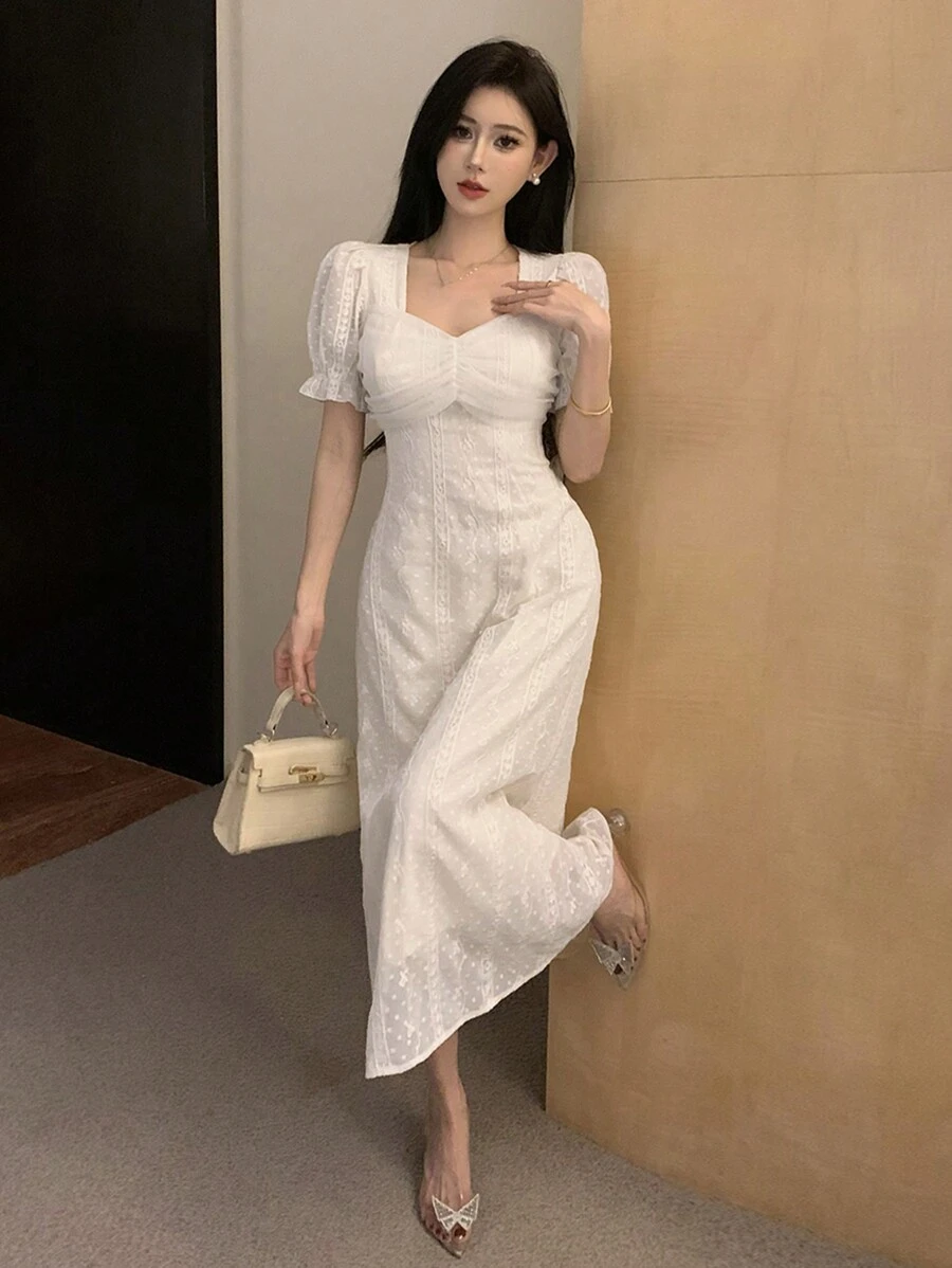 DAZY 提花网纱拼接甜心领修身短袖连衣裙，配腰带，生日舞会礼服，优雅女士连衣裙，长款连衣裙 - 白色 - 查看 1