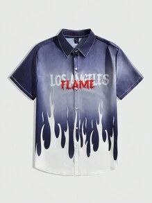 ROMWE MEN Chemise À Manches Courtes Pour Homme Imprimée Lettre De Bloc De Couleur - Multicolore - Voir 1