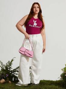 SHEIN Earth Day Fanverse Picks Plus Cartoon And Slogan Graphic Tight Sleeveless Tank Top - Hot Pink - View 8