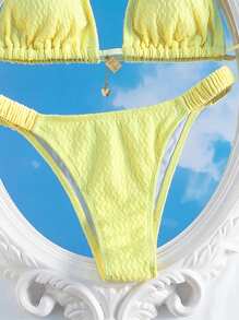 Swim Mod Solid Color Textured Halter Neck Bikini Set - Two-Piece , Summer Beach - Yellow - View 3