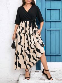 SHEIN Clasi Plus Size Color Block V-Neck Spring Summer A-Line Dress - Apricot - View 1