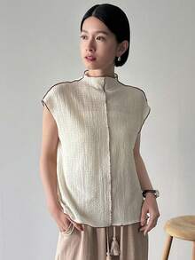 FRIFUL 女士夏季彩色拼接短袖t恤,捲邊設計 - 杏色 - 查看 3